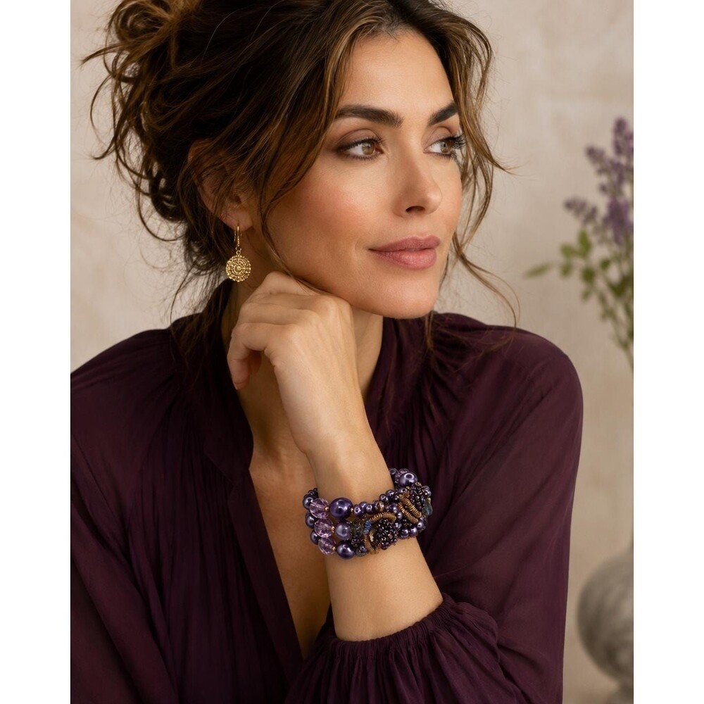 Artisan Purple Beaded Memory Wire Statement Bracelet